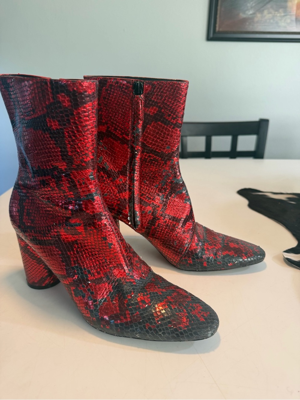 Balenciaga Red and Black Snake-Print Ankle Boots